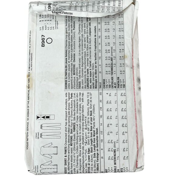 Vogue 8967 Ultra EZ Sewing Pattern for Women's Shirt & Pants Sizes 12-14-16 Uncu - Picture 2 of 2